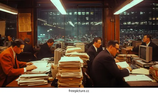 A group of people working in an office at night