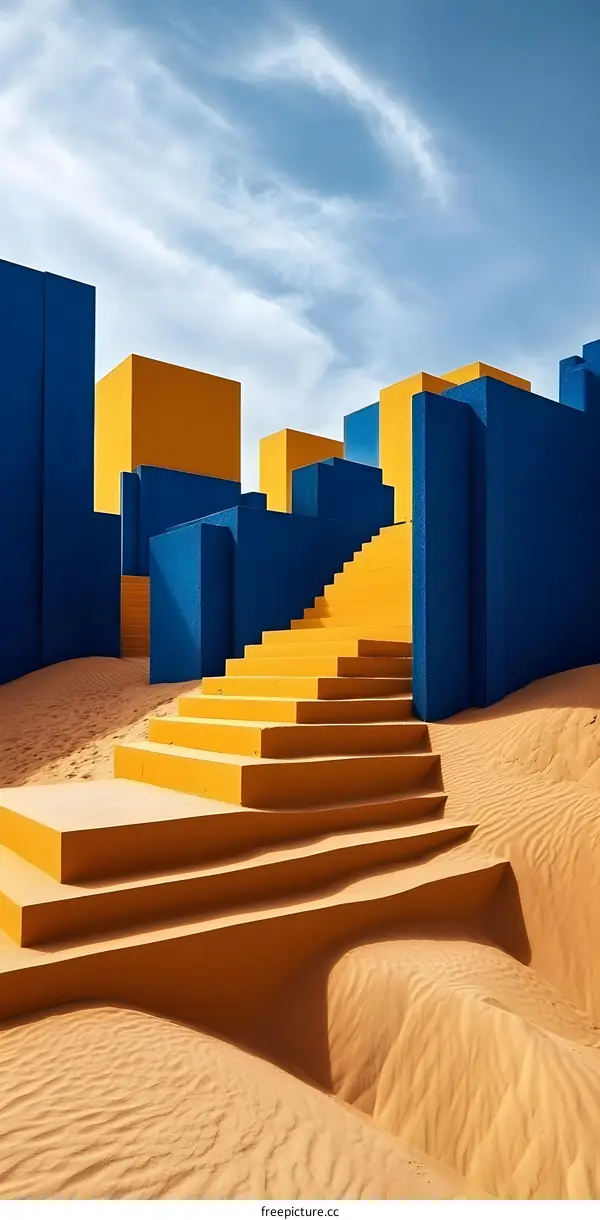 Abstract Architecture in Desert Landscape With Blue and Yellow Colors