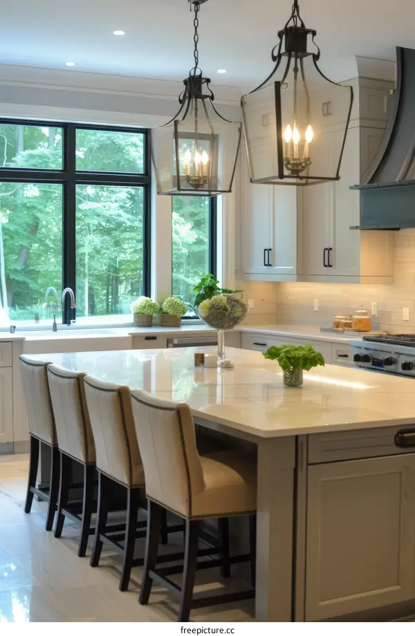 Modern kitchen with large windows and a marble island