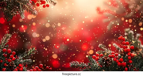 Christmas background with fir branches and red berries