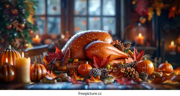 Thanksgiving table set with roasted turkey, pumpkin, candles and colorful autumn leaves