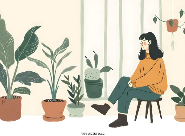 Woman Sitting in a Room with Plants and a Window