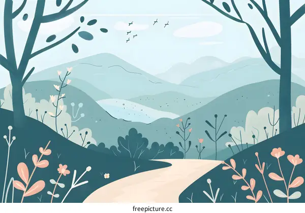 Illustration Of A Winding Road Through A Forest With Mountains In The Background