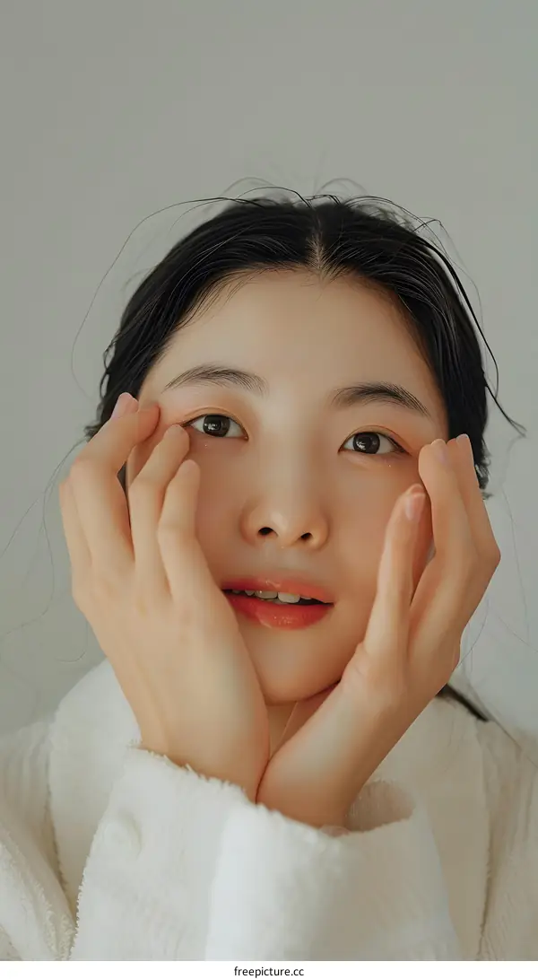 Beautiful Asian Woman Wearing White Sweater Smiling With Hands on Face