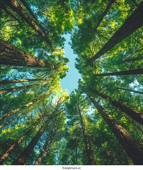 Looking up at the green canopy of a lush forest