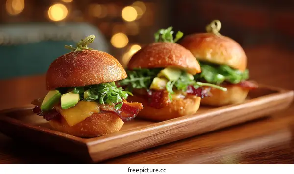Delicious Mini Bacon Avocado Sandwiches on Wooden Tray