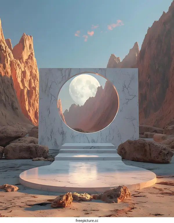 Minimalist White Marble Archway with Moon in Desert Landscape
