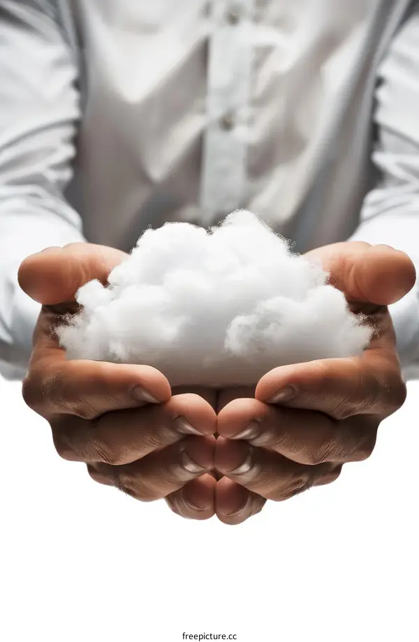 A person of African descent is holding a cotton-like cloud in the palm of their hands
