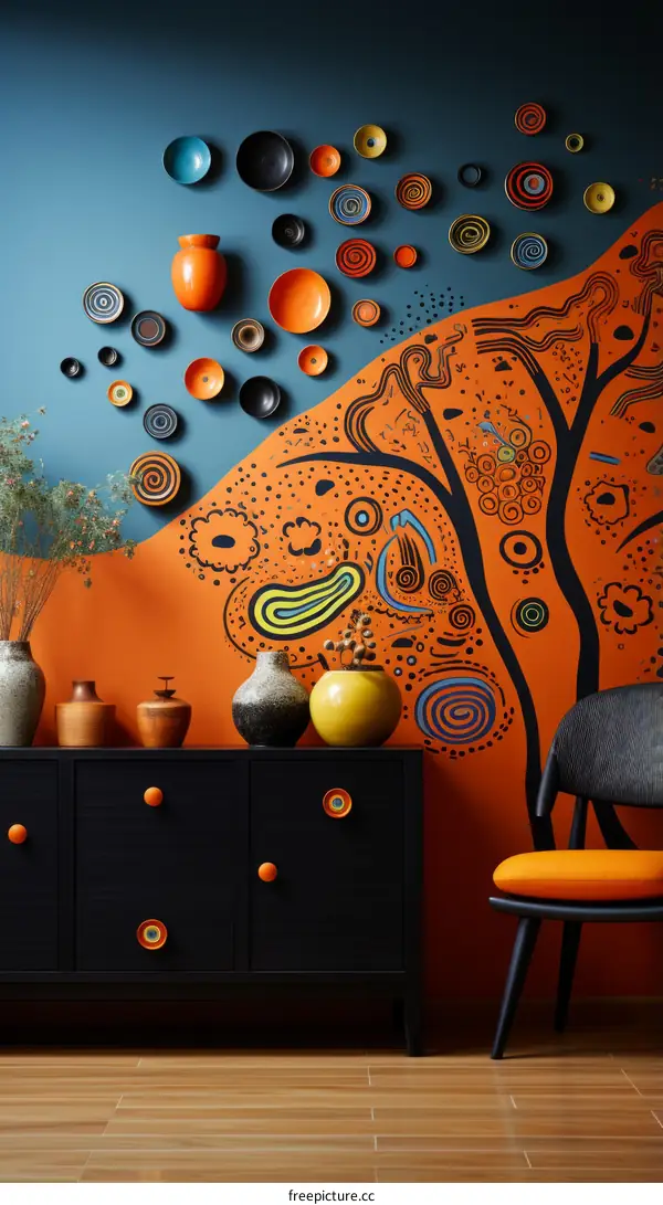 An artistic living room with a painted wall mural of an orange tree and a black sideboard with orange knobs