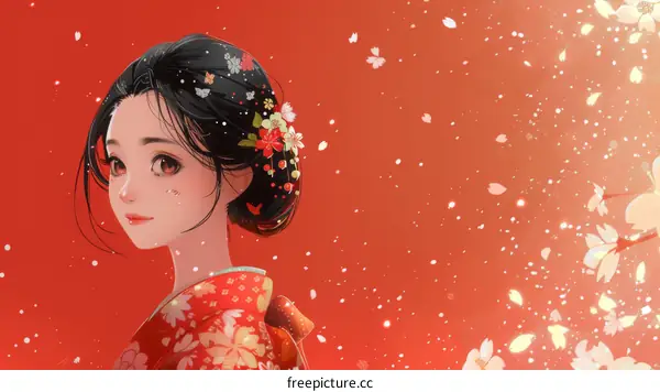 Anime Girl in Red Kimono with Cherry Blossoms