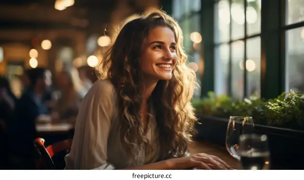 Portrait of a beautiful young woman with curly hair smiling and looking out the window