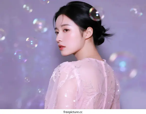 A Young Woman in Pink Lace Dress with Bubbles Background