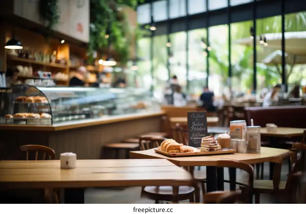 Blured background of a cafe with wooden tables and chairs