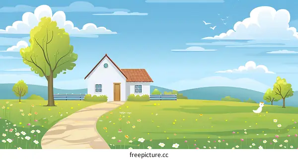 Cartoon Landscape With White House And Green Meadow