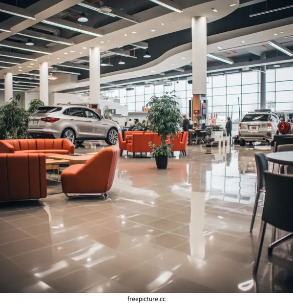 Car dealership interior with modern furniture