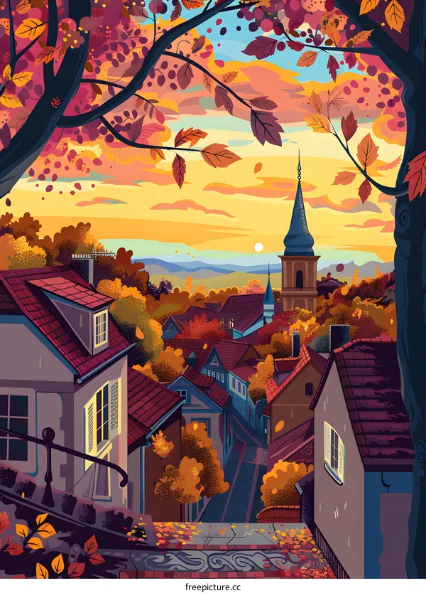 Autumnal Townscape with Church Spire
