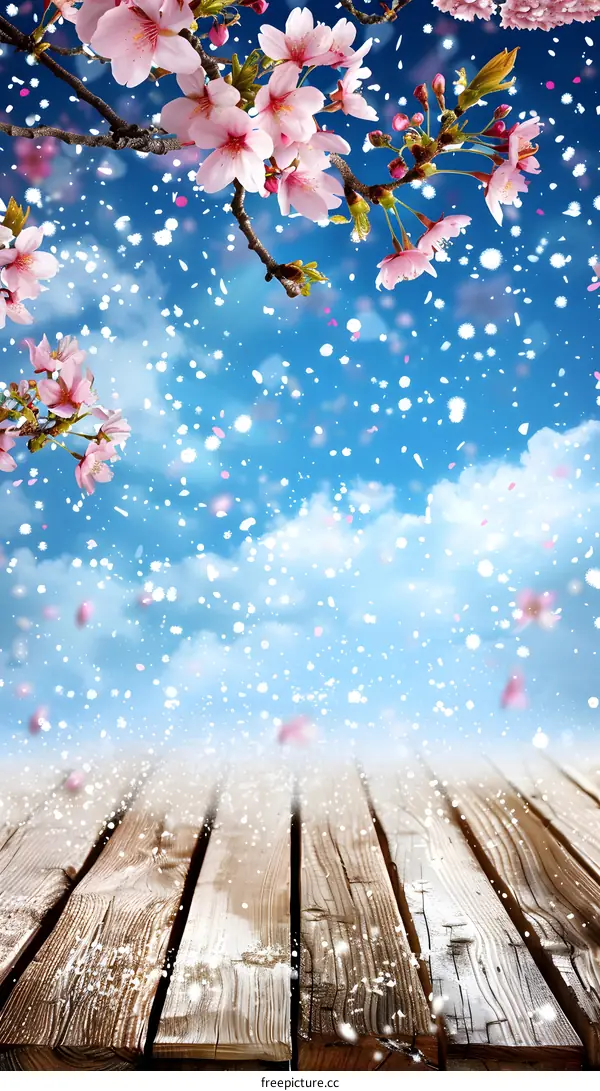 Cherry Blossom Spring Background with Wooden Floor