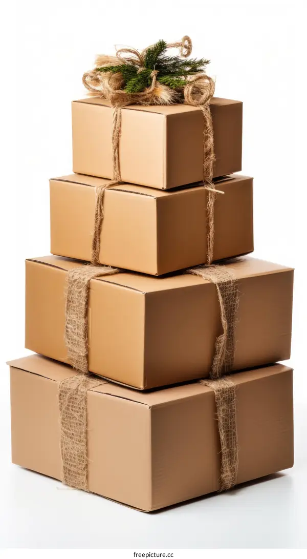 Four Stacked Cardboard Boxes with Burlap Bow