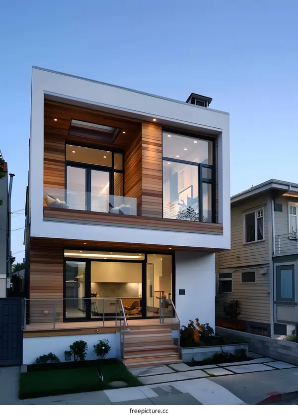 Modern Two Story House with Wooden Siding and Large Windows