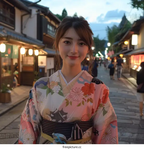 Asian Woman in Traditional Japanese Kimono in a Street