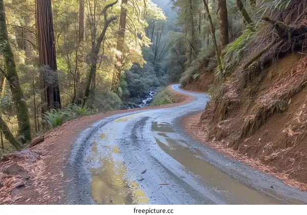 Winding road through a lush green forest