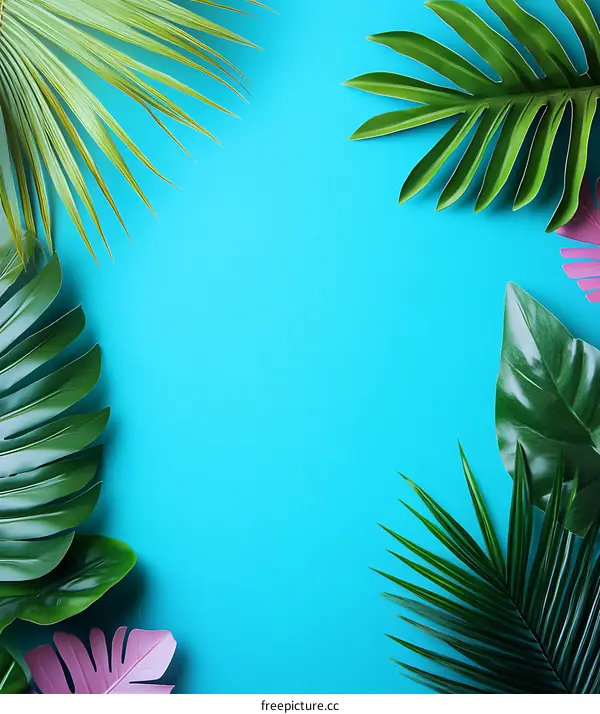 Tropical Leaves on Blue Background