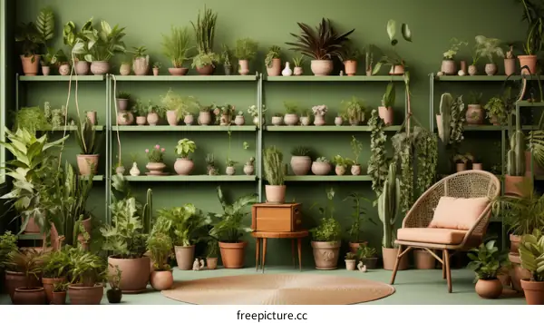 Indoor plants on shelves and a comfortable armchair in front of them