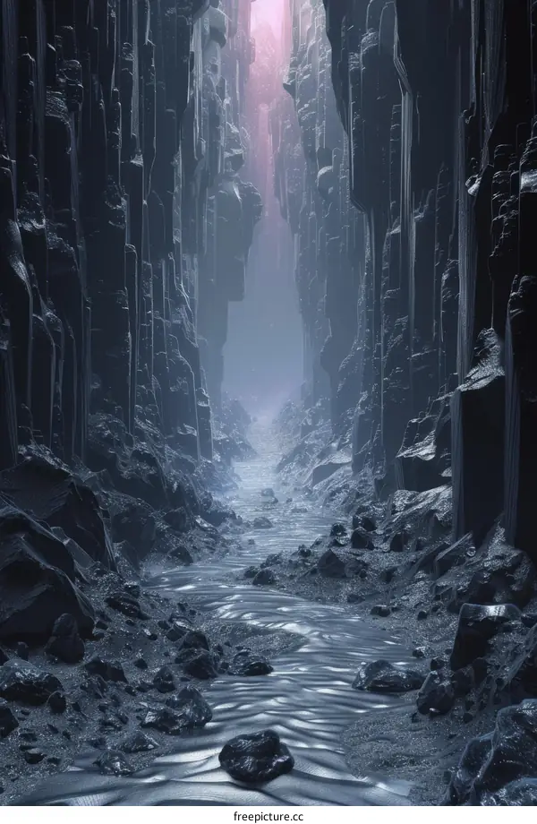 Mystical glowing river flowing through a dark cave