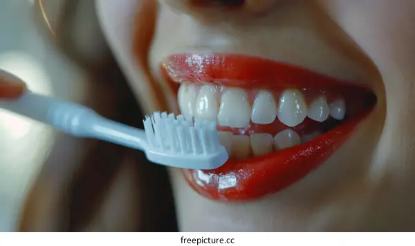 Close-up of a woman brushing her teeth with a toothbrush