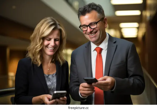 Business Colleagues Laughing While Looking at Phones