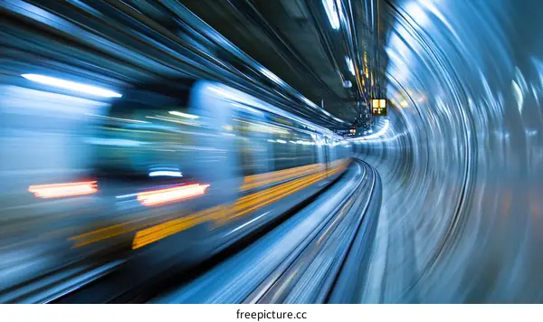 Fast Moving Train in a Blue Tunnel