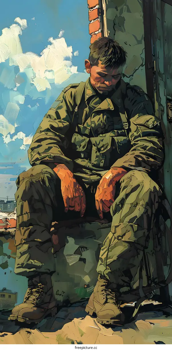 A soldier sits on a rooftop, his hands clasped in front of him. He is wearing a camouflage uniform and a helmet. The background is a cityscape in ruins.