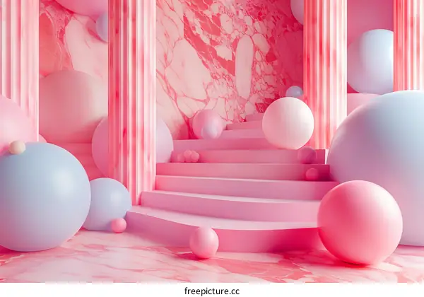 Surreal Pink Marble Staircase with Spheres