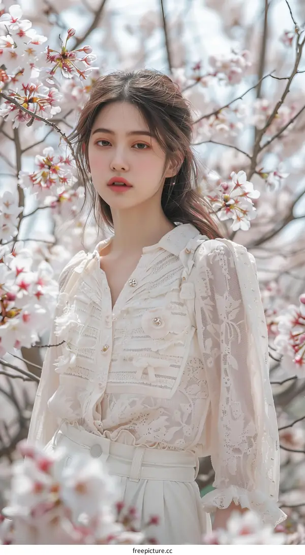 A woman in a white dress is standing in a field of cherry blossoms.
