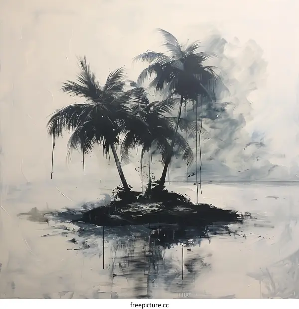 Black and white palm trees on a small island in the middle of the ocean