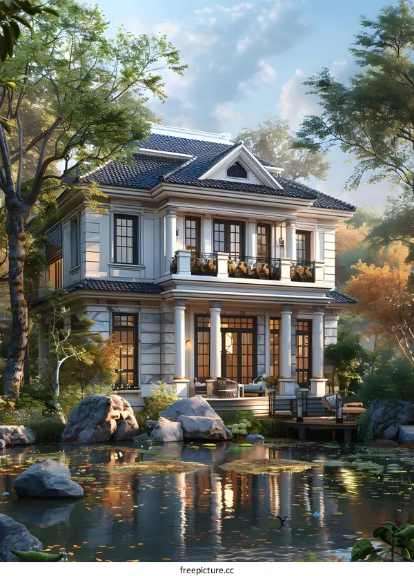 A beautiful house with a pond in front of it