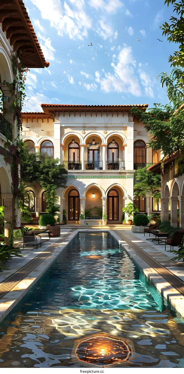 Mediterranean Style Villa Courtyard With Swimming Pool