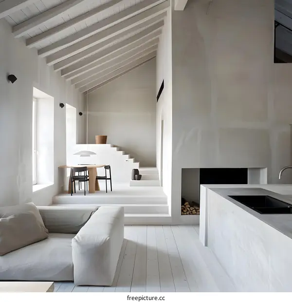 Minimalist White Interior Design with Concrete Fireplace and Wooden Beams