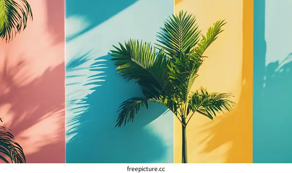 Palm Tree With Colorful Walls And Shadows