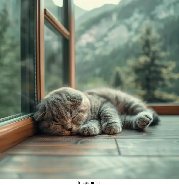 Sleeping Gray Kitten by the Window