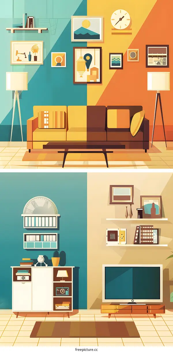 Cartoon Illustration of a Modern Living Room Interior Design with Furniture, Decor, and a Television