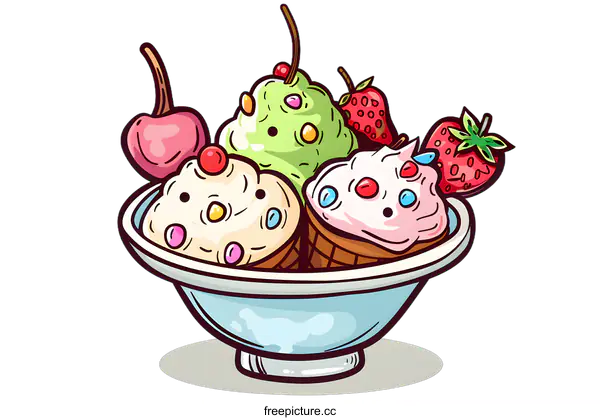 [Transparent Background PNG]Cartoon Illustration of Ice Cream Sundae with Strawberries and Cherries