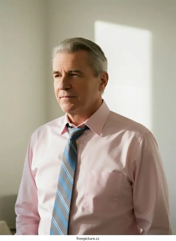 Middle-aged man in formal attire standing indoors