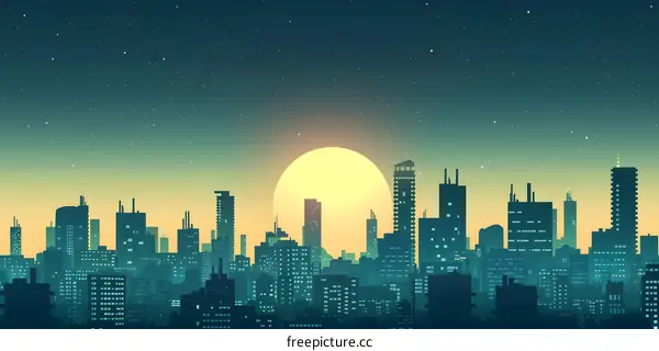 Night City Skyline with Moon and Stars