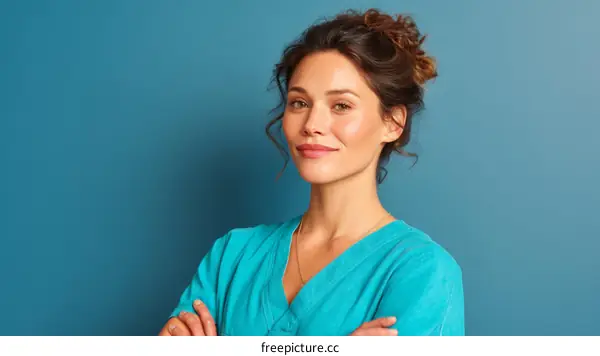 Confident Woman in Teal Medical Scrubs