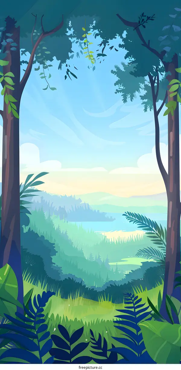 Green Forest Landscape with River and Sky