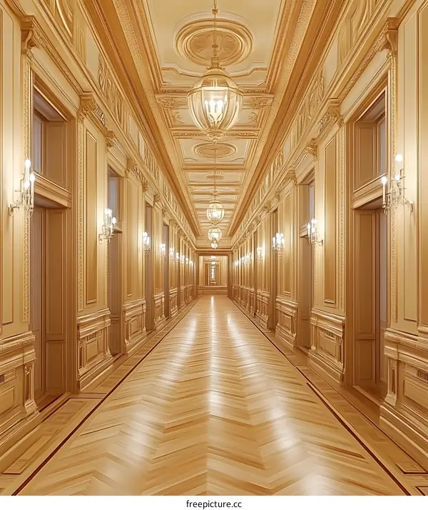 Golden Hallway with Ornate Ceiling and Herringbone Floor
