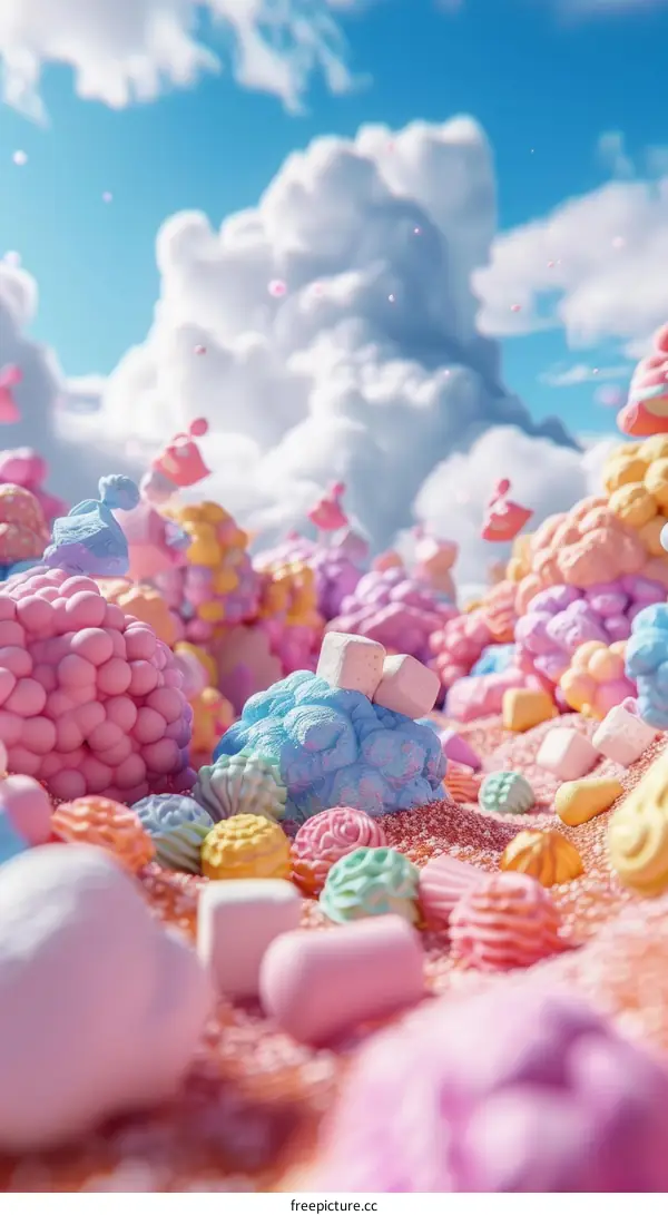Sweet and Colorful Marshmallows and Candies with Blue Sky and Clouds