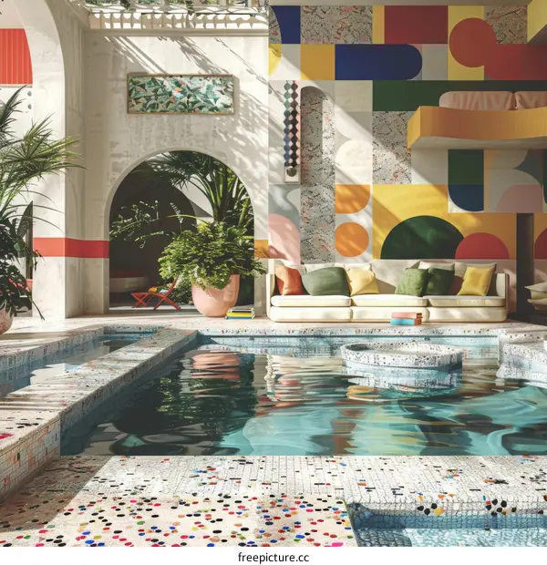 Modern and colorful interior design with swimming pool