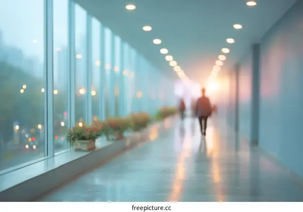 Modern Office Corridor with Blurry People